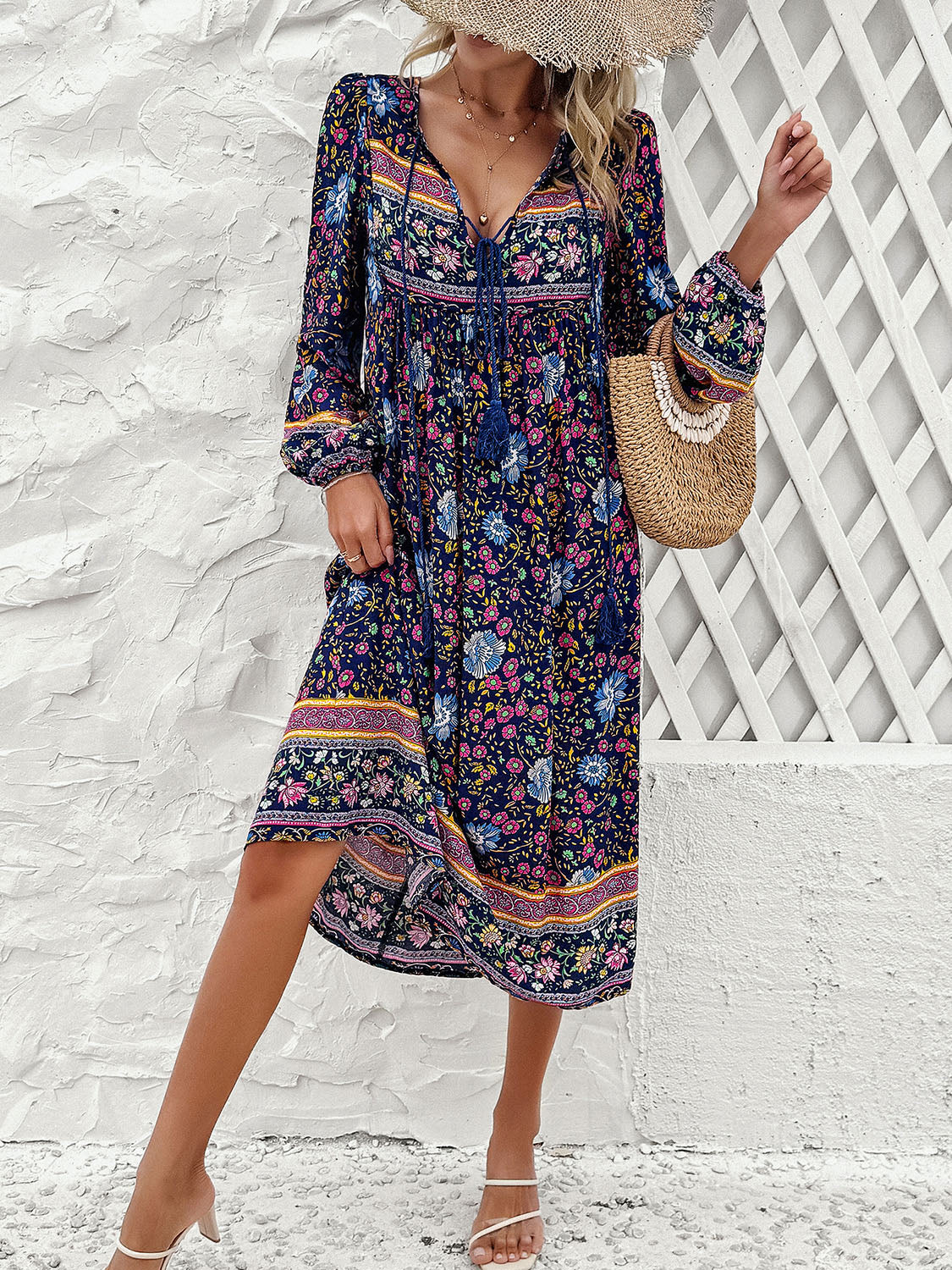 Devine Tassel Tied Printed Long Sleeve Dress