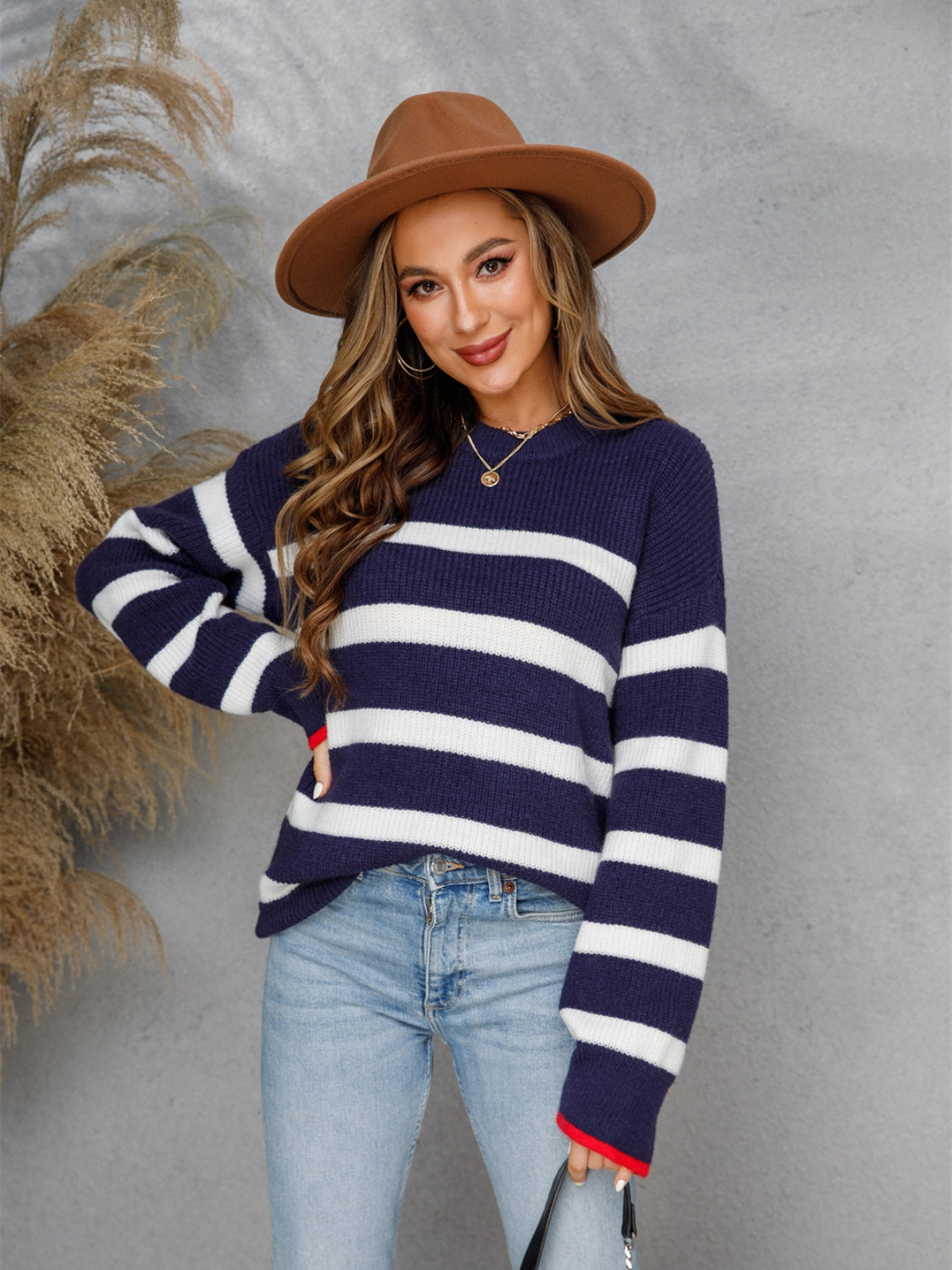 Angel Wings Striped Round Neck Dropped Shoulder Sweater