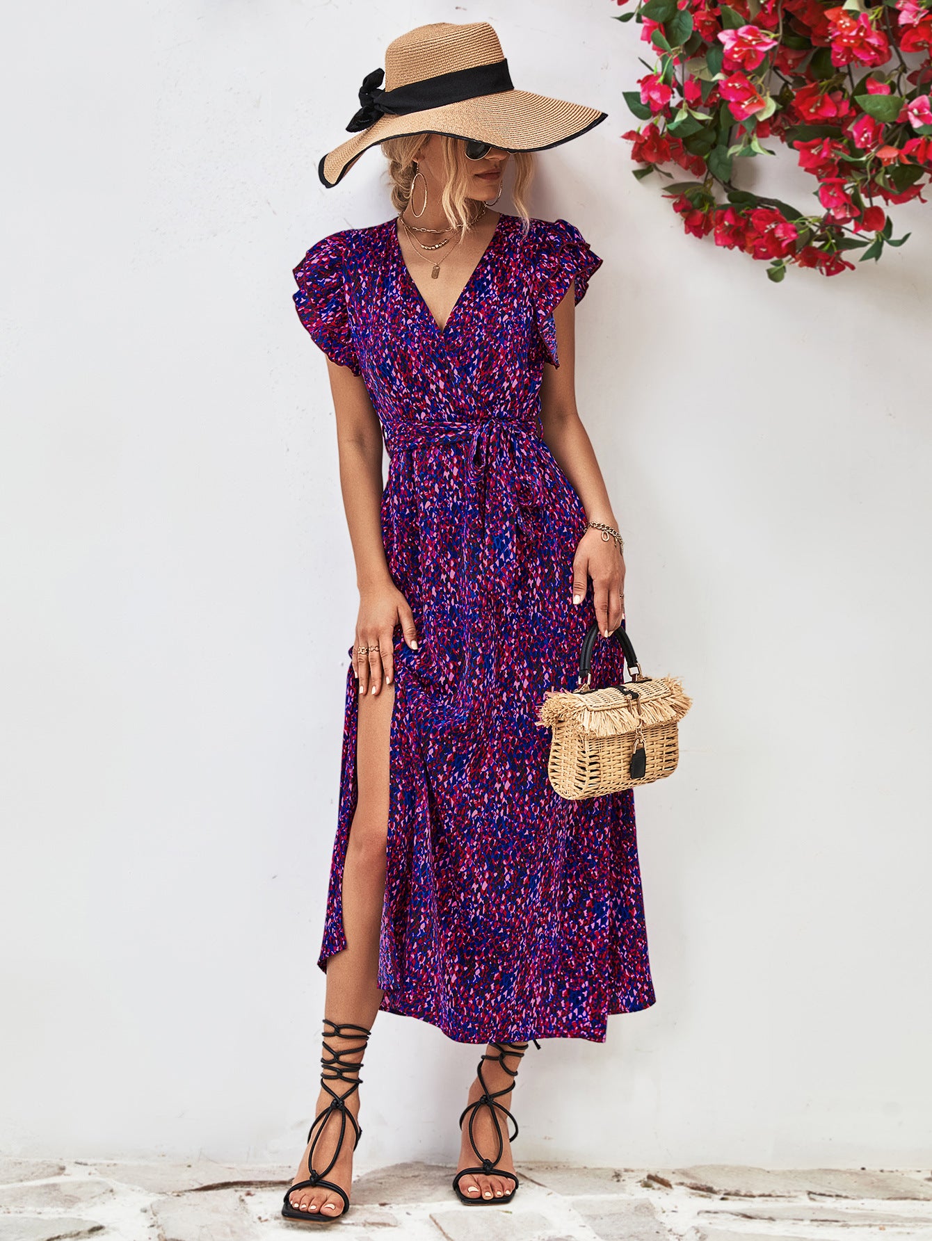 Printed Surplice Neck Flutter Sleeve Slit Dress