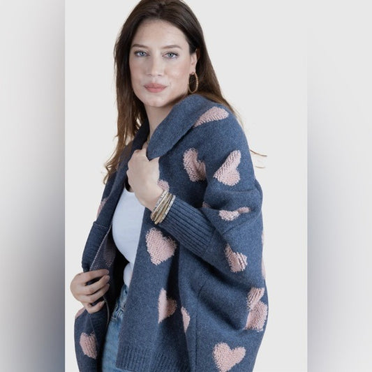 Anthropologie SAACHI Cozy Oversized Blue Heart Cardigan Sweater