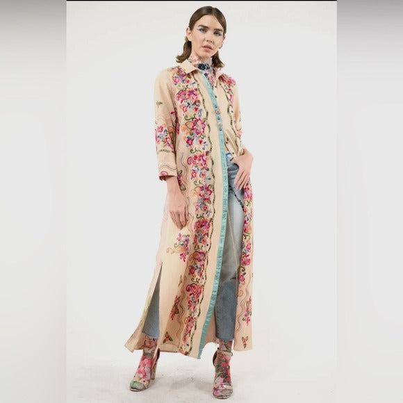 ARATTA- Western Boho Chic Vibrant Embroidered Beauty Mark Maxi Duster