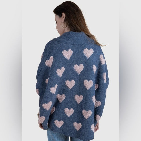 Anthropologie SAACHI Cozy Oversized Blue Heart Cardigan Sweater