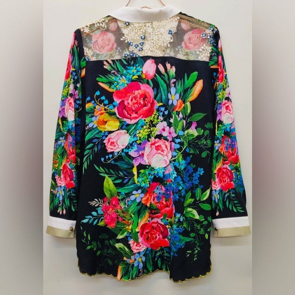 ARATTA Black & Vibrant Floral Embroidered Button Up Blouse with Embellishments