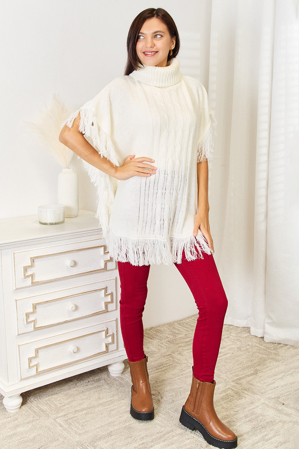 Justin Taylor Turtle Neck Fringe Poncho