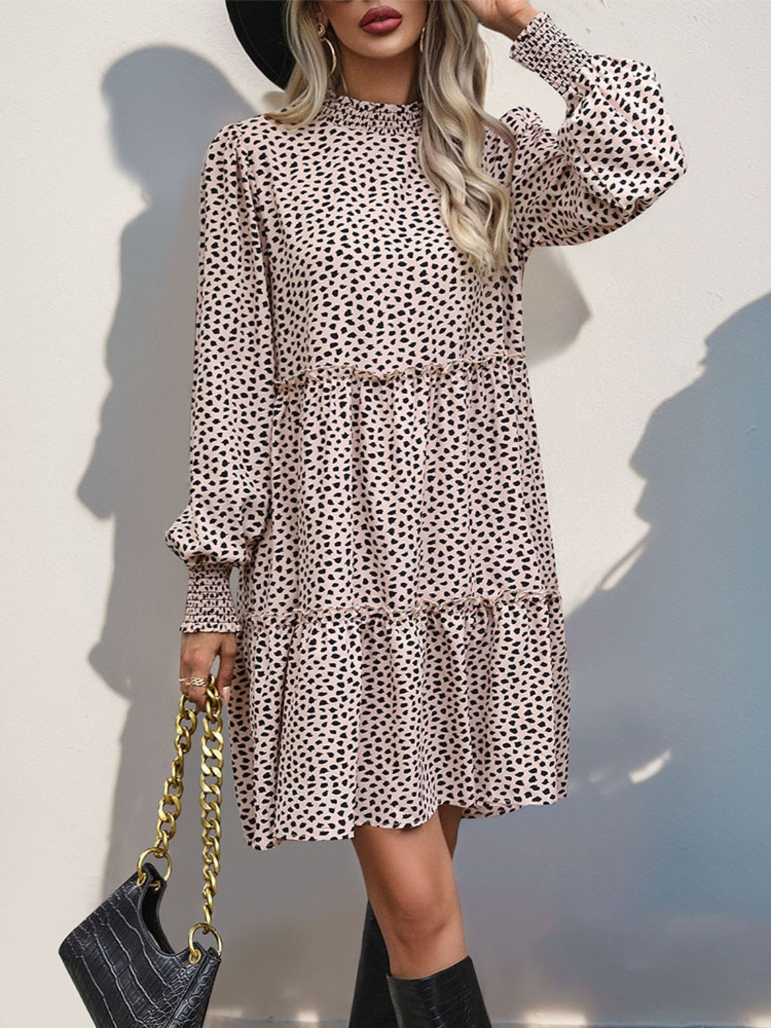 Perfee Frill Printed Mock Neck Long Sleeve Mini Dress