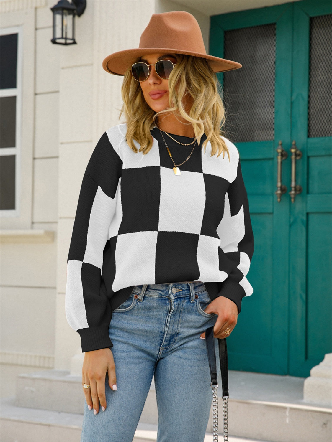 Angel Wings Checkered Round Neck Dropped Shoulder Sweater