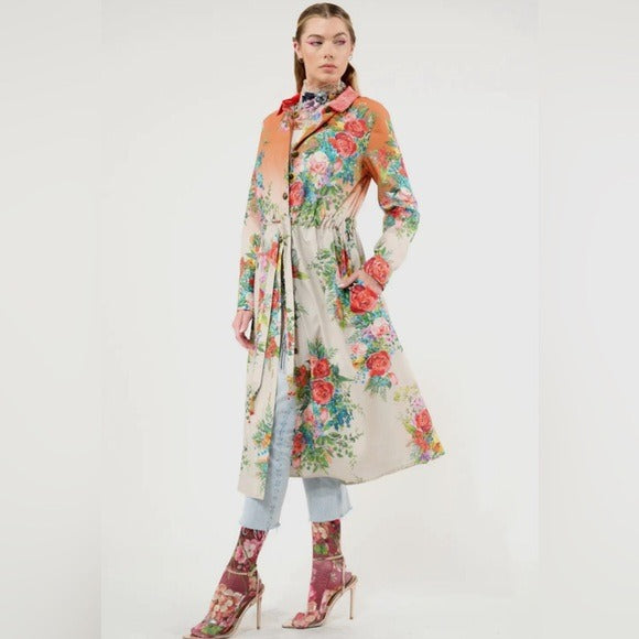 ARATTA Boho Luxe Floral Ombré Embellished Zinnia Shirt Dress withh Velvet Collar