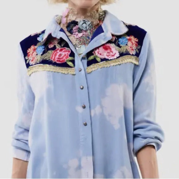 ARATTA  Miss Texas Shirt Embroidered Boho Chic Blouse Blue