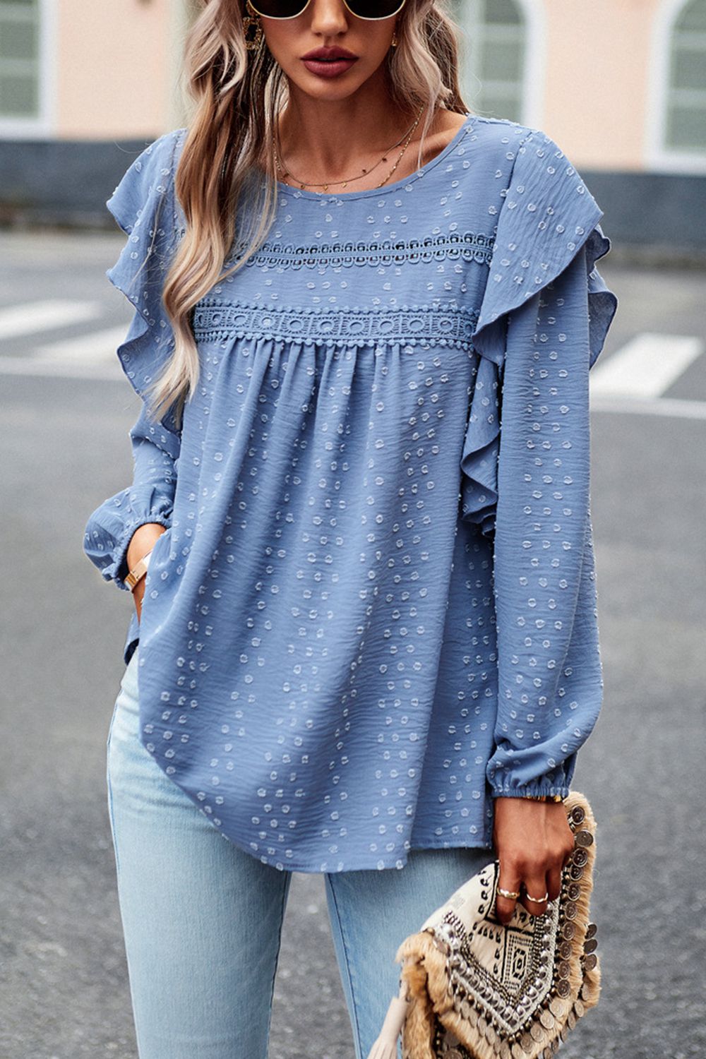 Devine Ruffle Trim Balloon Sleeve Blouse