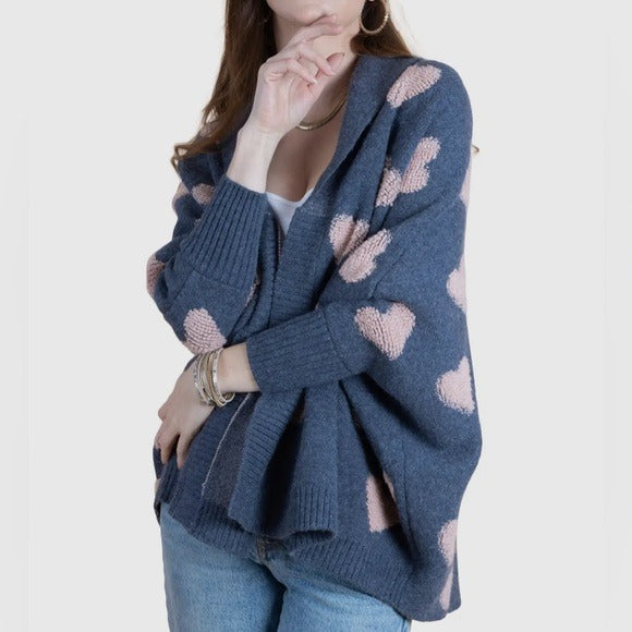 Anthropologie SAACHI Cozy Oversized Blue Heart Cardigan Sweater